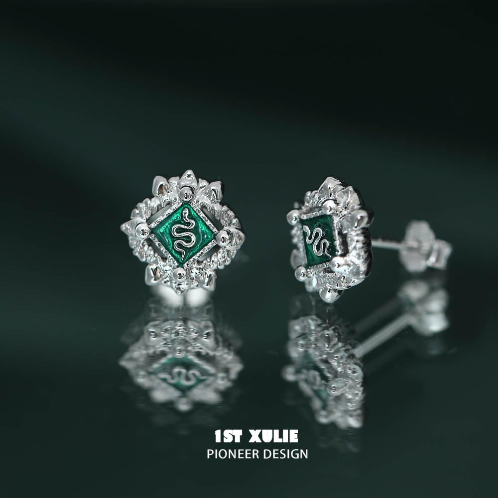 1ST XULIE "Slytherin House" Mystical Slytherin Snake Badge Stud Earrings in 925 Sterling Silver - Product View