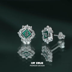 1ST XULIE "Slytherin House" Mystical Slytherin Snake Badge Stud Earrings in 925 Sterling Silver - Product View