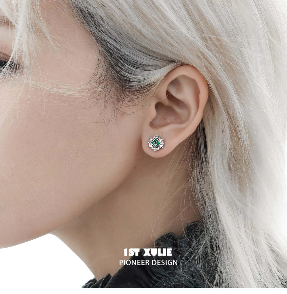 1ST XULIE "Slytherin House" Mystical Slytherin Snake Badge Stud Earrings in 925 Sterling Silver - On Model