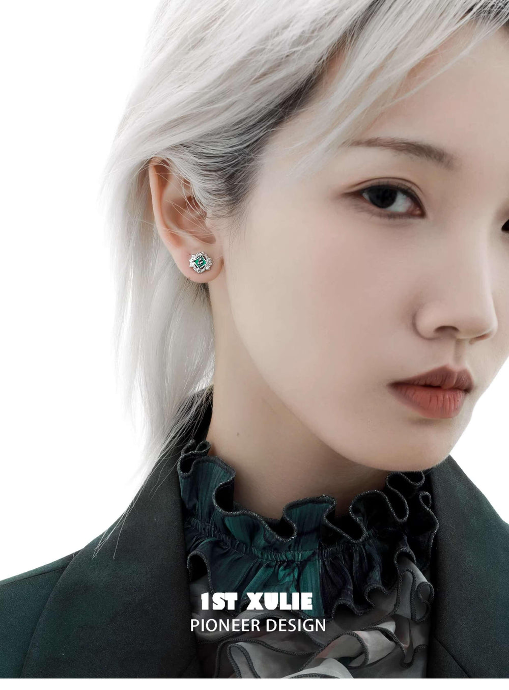 1ST XULIE "Slytherin House" Mystical Slytherin Snake Badge Stud Earrings in 925 Sterling Silver - On Model Close-up