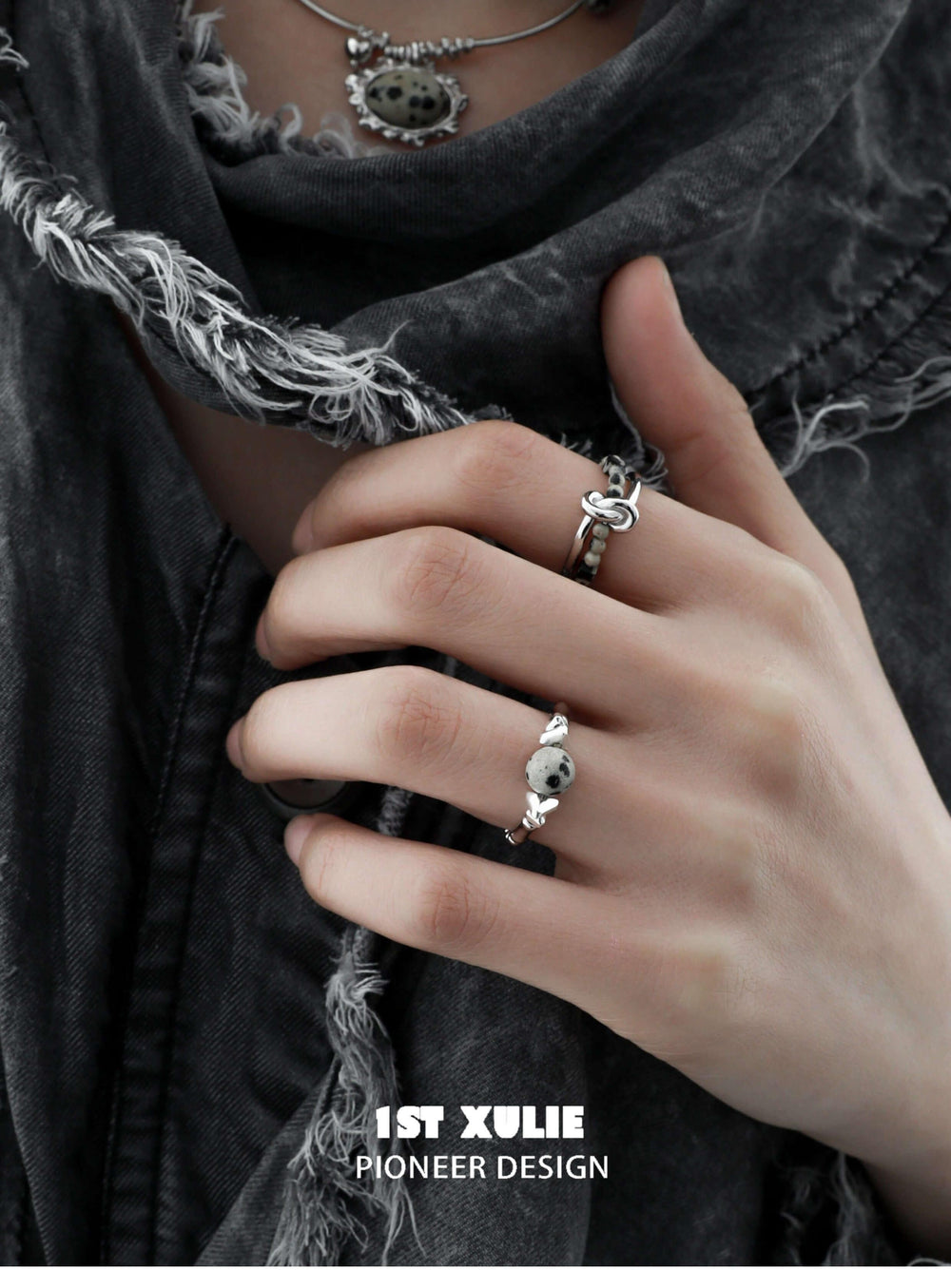 1ST XULIE "Stone Age" Natural Speckled Stone Open Ring in 925 Sterling Silver - Lifestyle Shot