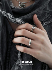 1ST XULIE "Stone Age" Natural Speckled Stone Open Ring in 925 Sterling Silver - Lifestyle Shot