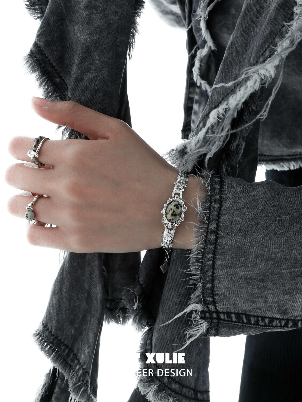 1ST XULIE "Stone Age" Natural Speckled Stone Open Ring in 925 Sterling Silver - On Model