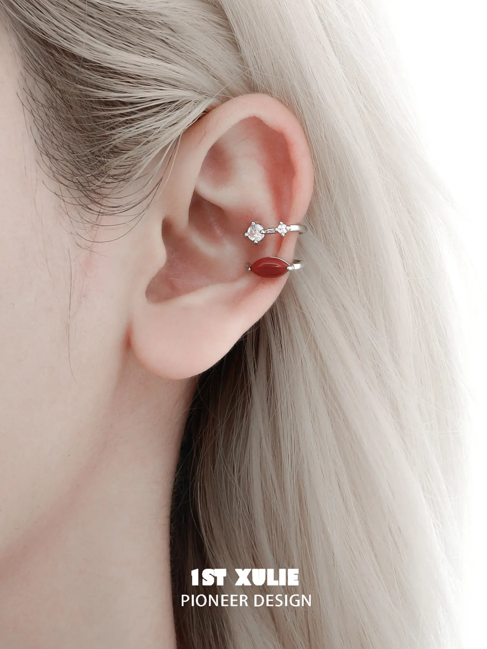1ST XULIE Jewelry "Stone Age" Natural Stone Ear Cuffs in Rhodium Plated Brass - Green Stone Detail