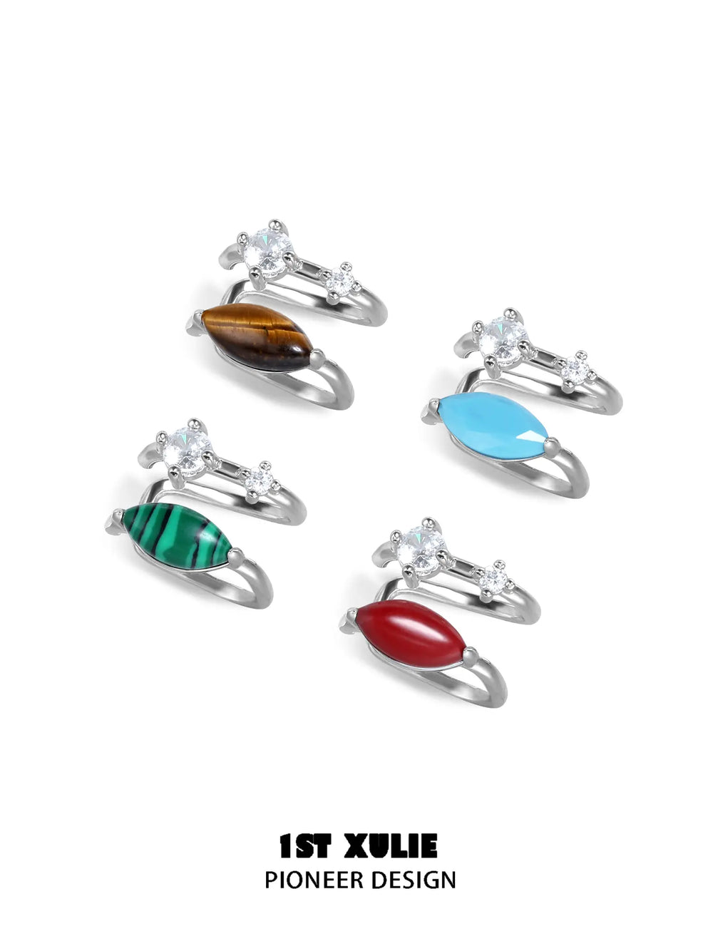 1ST XULIE Jewelry "Stone Age" Natural Stone Ear Cuffs in Rhodium Plated Brass - Multi-Color Combination View