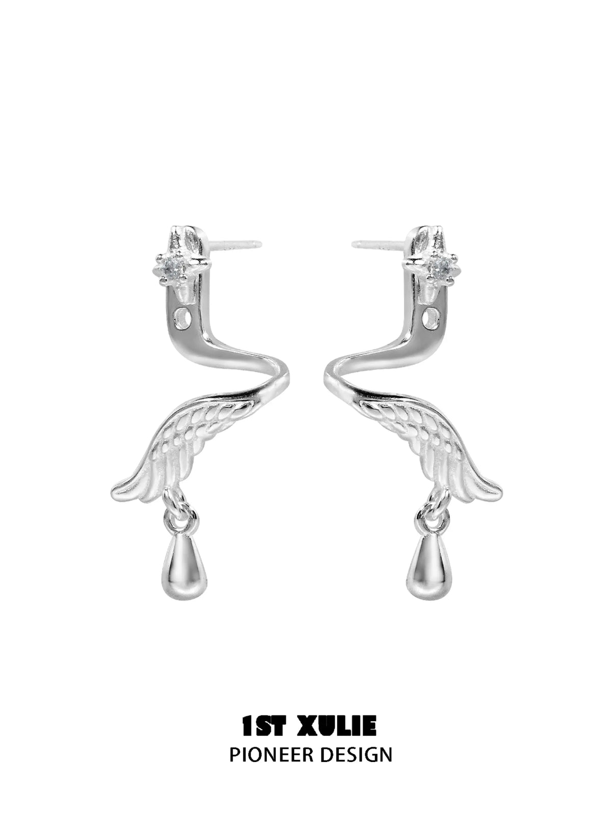 1ST XULIE "Lucifer" Dainty Newborn Plume Feather Stud Earrings in 925 Sterling Silver - Product View
