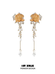 1ST XULIE Jewelry "Lace Rose" Victorian Oak Rose Statement Tassel Dangle Earrings - Angle 1