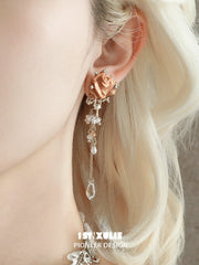 1ST XULIE Jewelry "Lace Rose" Victorian Oak Rose Statement Tassel Dangle Earrings - Back View