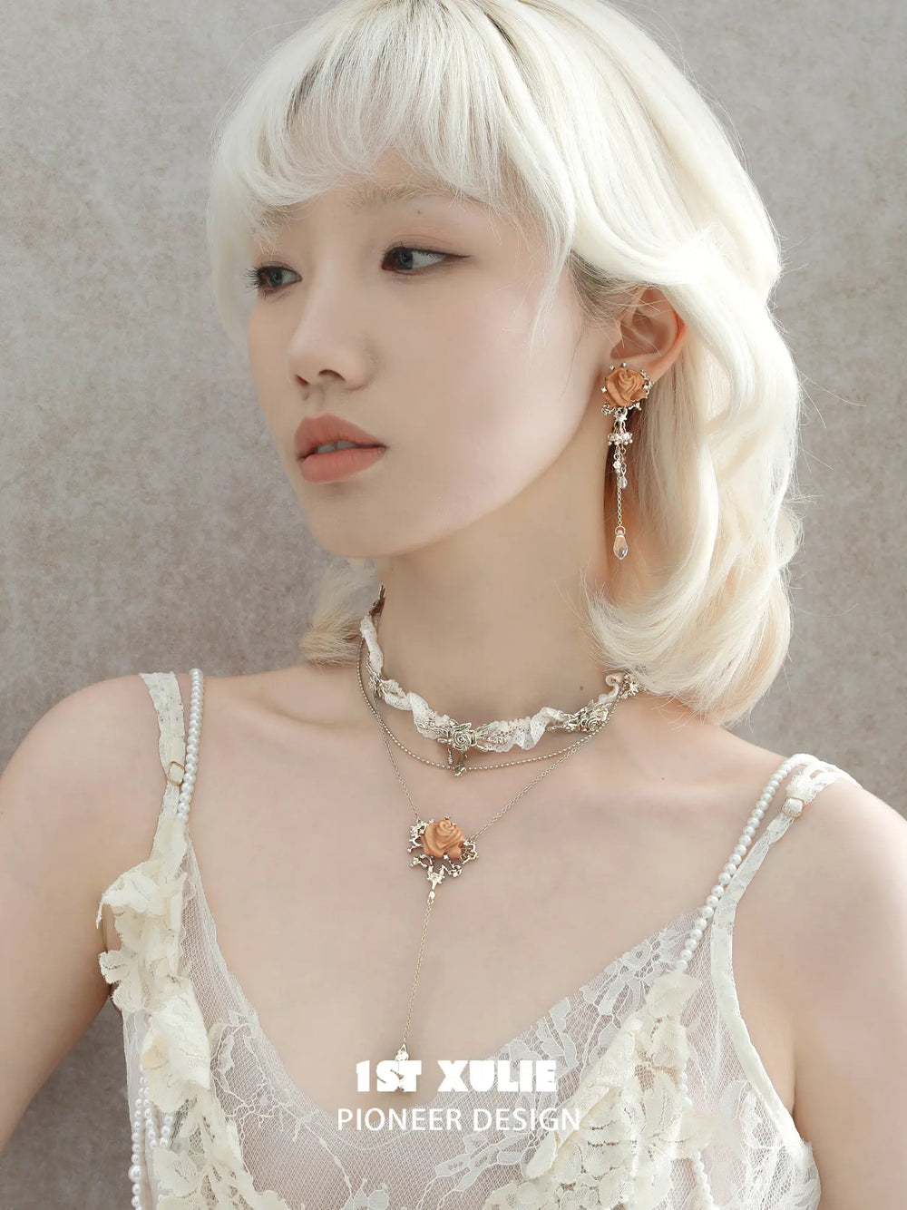1ST XULIE Jewelry "Lace Rose" Victorian Oak Rose Statement Tassel Dangle Earrings - On Model