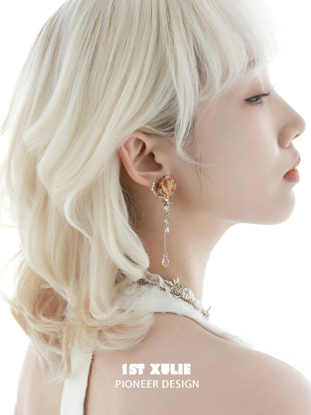 1ST XULIE Jewelry "Lace Rose" Victorian Oak Rose Statement Tassel Dangle Earrings - Side View