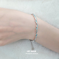 1ST XULIE "THE SEA" Ocean Blue Adjustable Link Bracelet in Platinum - On Model