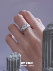 1ST XULIE "ATLANTIS" Minimalist Ocean Wave Adjustable Leather Ring in 925 Sterling Silver and Leather - Lifestyle Shot