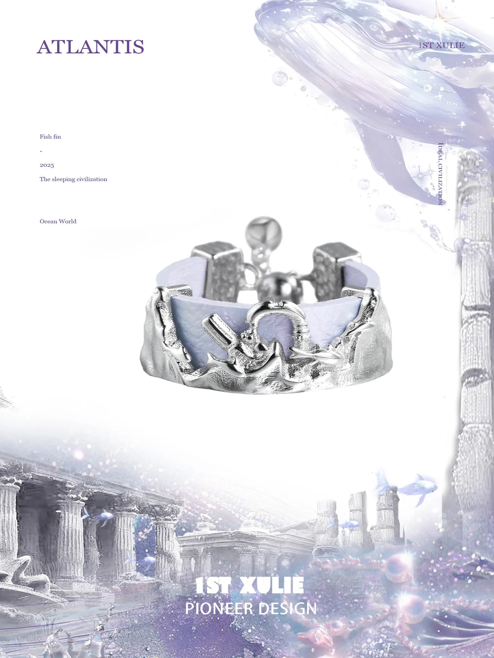 1ST XULIE "ATLANTIS" Minimalist Ocean Wave Adjustable Leather Ring in 925 Sterling Silver and Leather - Product View