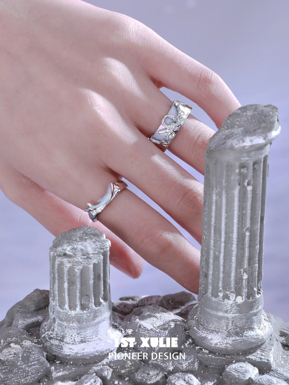 1ST XULIE "ATLANTIS" Minimalist Ocean Wave Adjustable Leather Ring in 925 Sterling Silver and Leather - On Model Close-Up