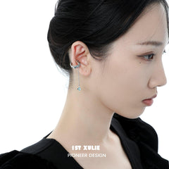 1ST XULIE "THE SEA" Oceanic Blue Tassel Ear Clips in Platinum Plated - Detail Shot