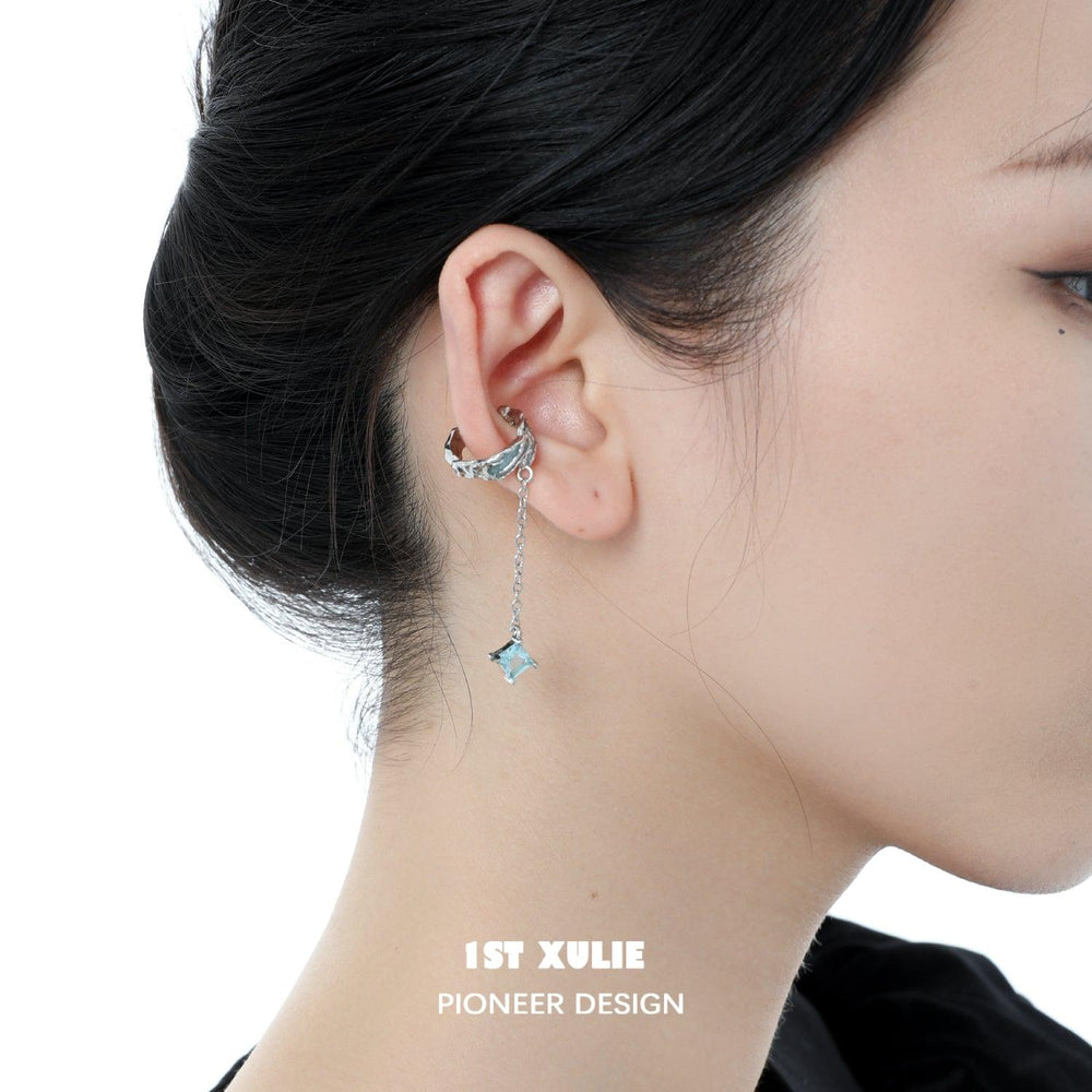 1ST XULIE "THE SEA" Oceanic Blue Tassel Ear Clips in Platinum Plated - Side View