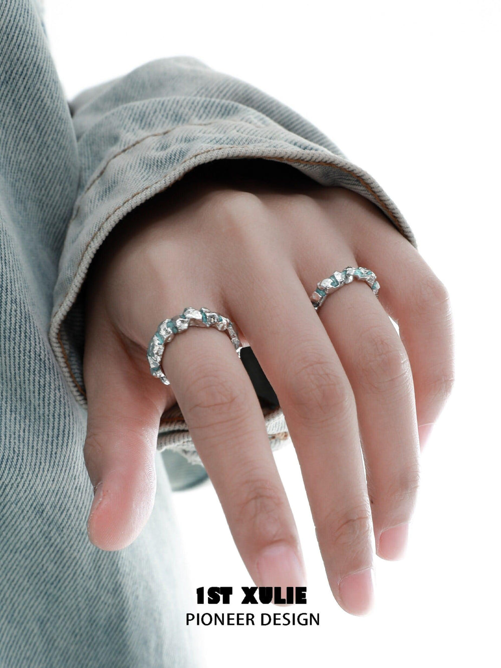 1ST XULIE "The Sea" Oceanic Drip Wax Statement Band Ring in 925 Sterling Silver - Detail Shot