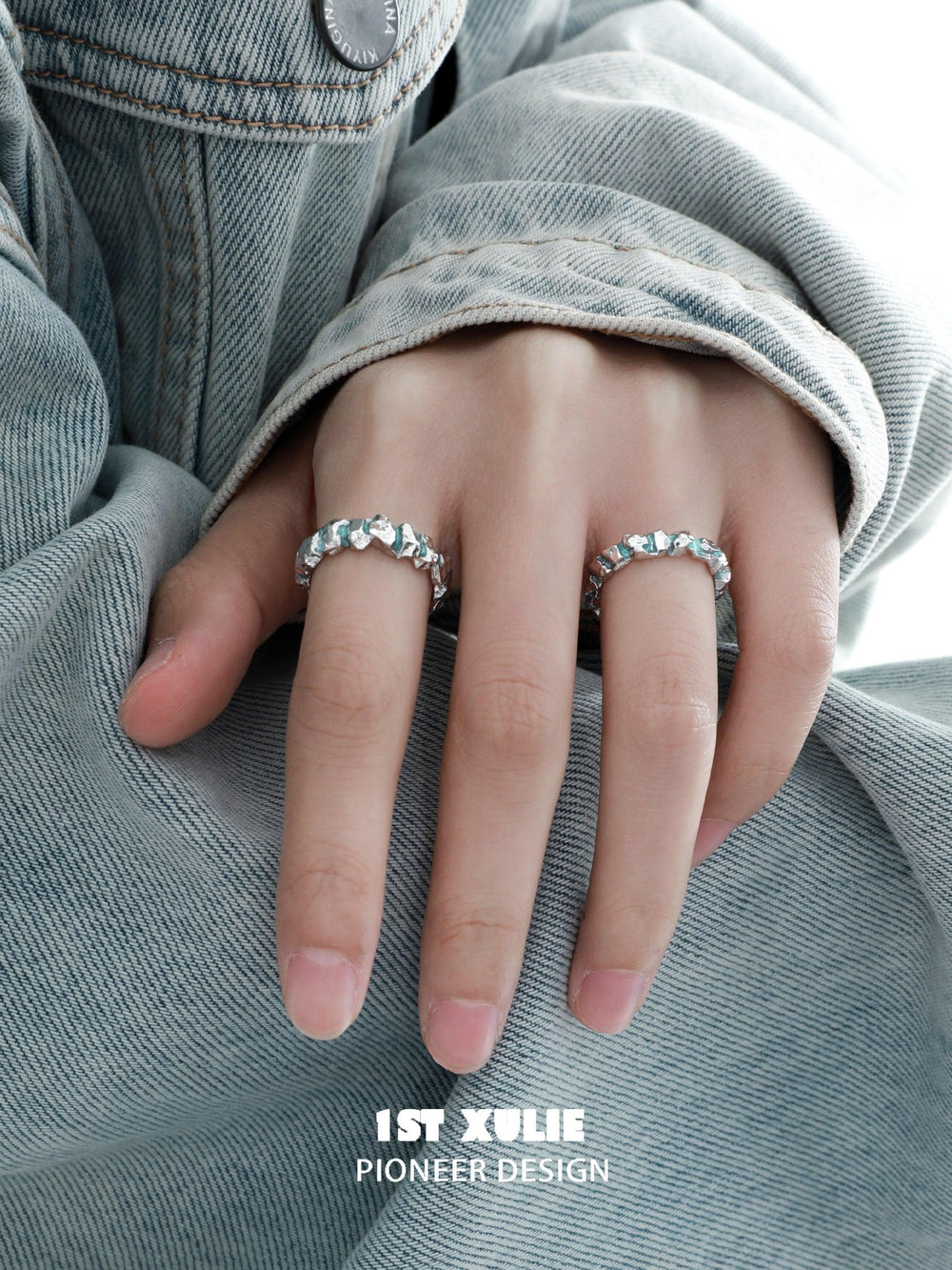 1ST XULIE "The Sea" Oceanic Drip Wax Statement Band Ring in 925 Sterling Silver - On Model Close-Up