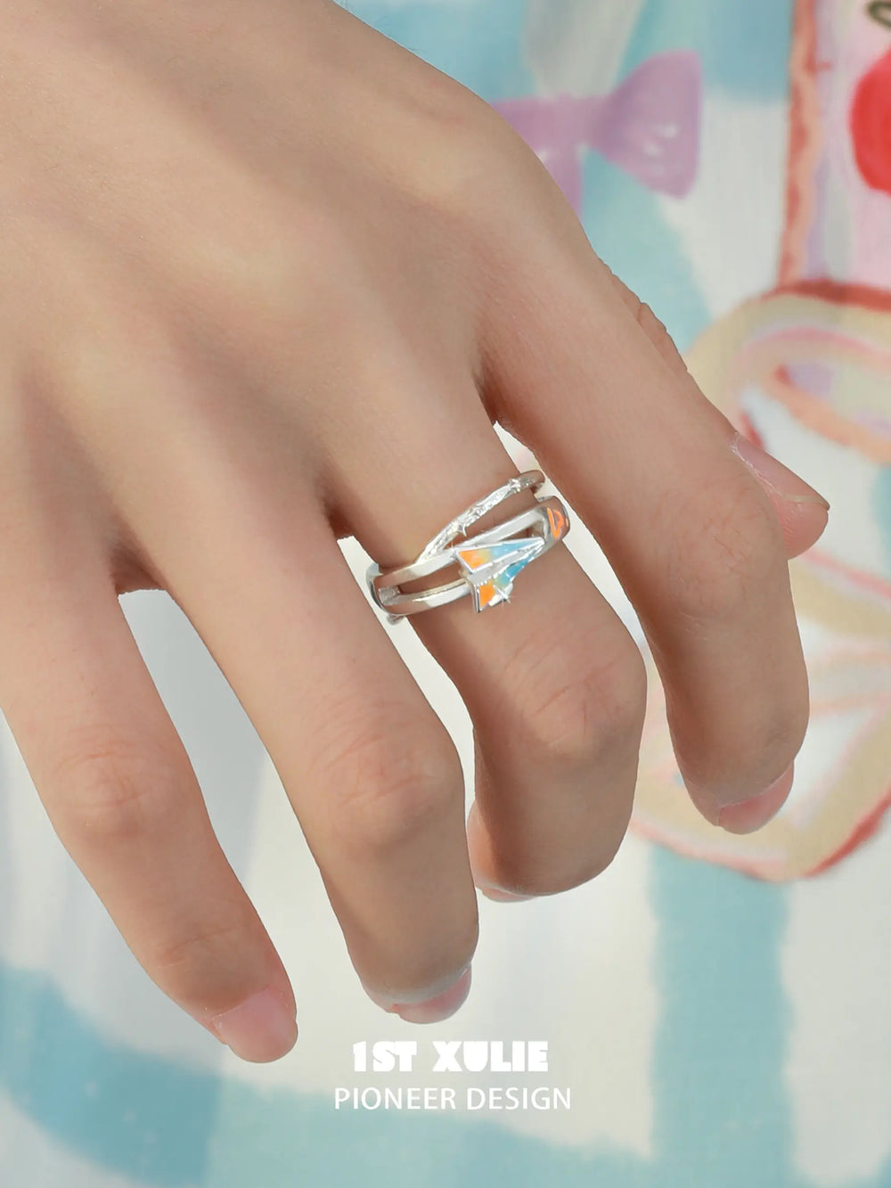 1ST XULIE Jewelry "Juicy Flight" Orange Sea Paper Plane Statement Open Ring in 925 Sterling Silver - Angle View