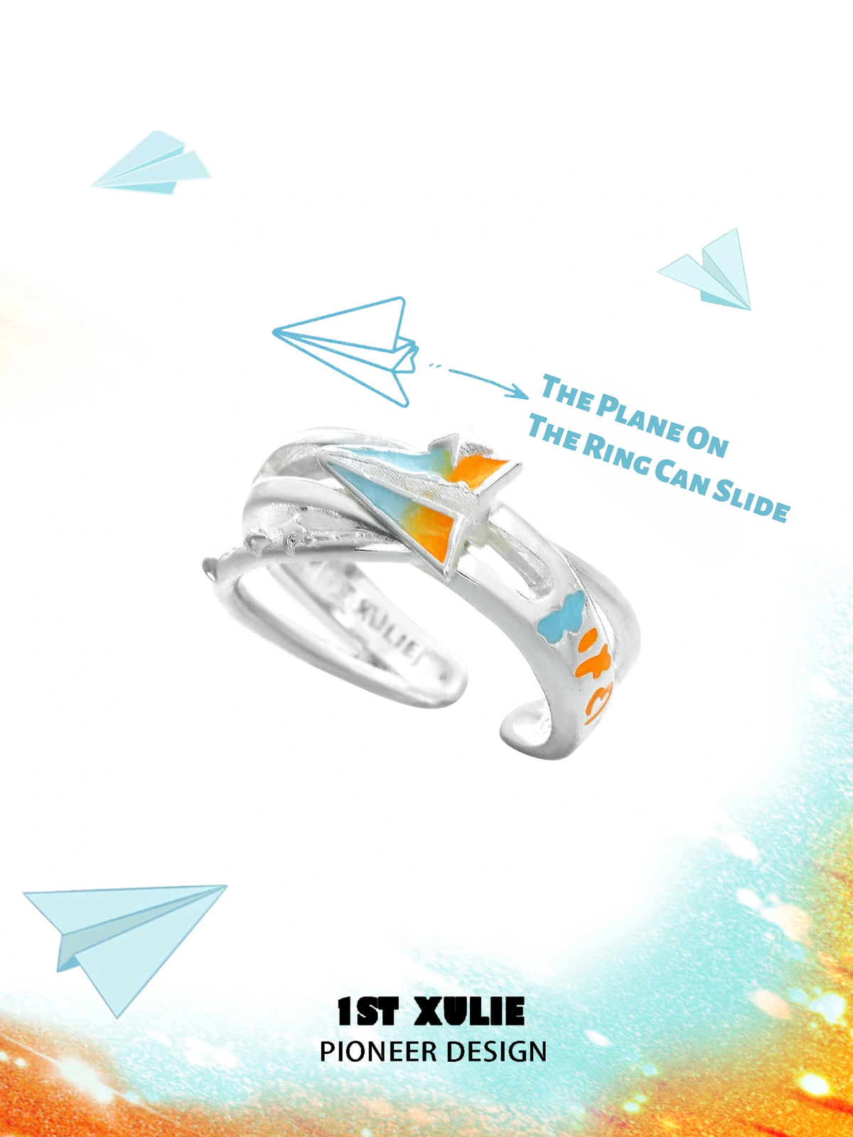 1ST XULIE Jewelry "Juicy Flight" Orange Sea Paper Plane Statement Open Ring in 925 Sterling Silver - Product View