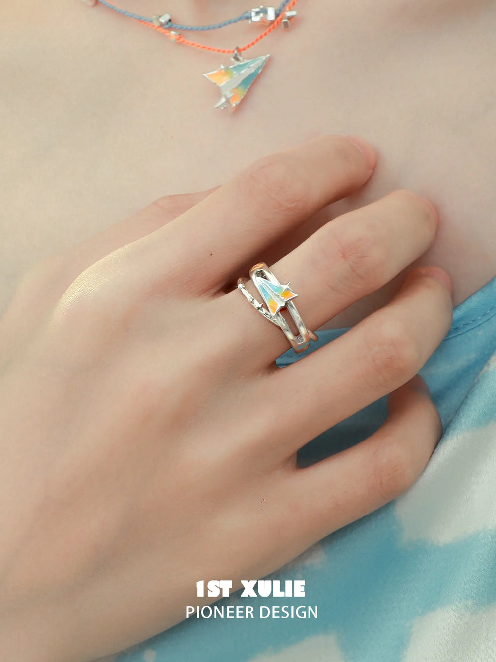 1ST XULIE Jewelry "Juicy Flight" Orange Sea Paper Plane Statement Open Ring in 925 Sterling Silver - On Model