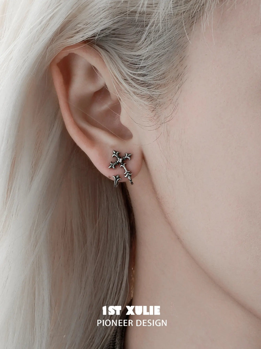 1ST XULIE Jewelry "Irises" Oxidized Cross Stud Earrings in 925 Sterling Silver - Angle 1