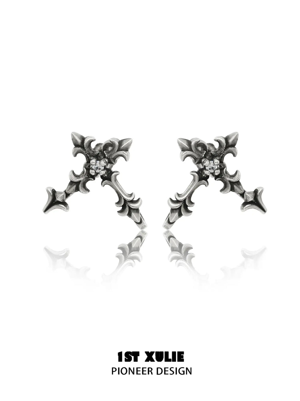 1ST XULIE Jewelry "Irises" Oxidized Cross Stud Earrings in 925 Sterling Silver - Packaging View