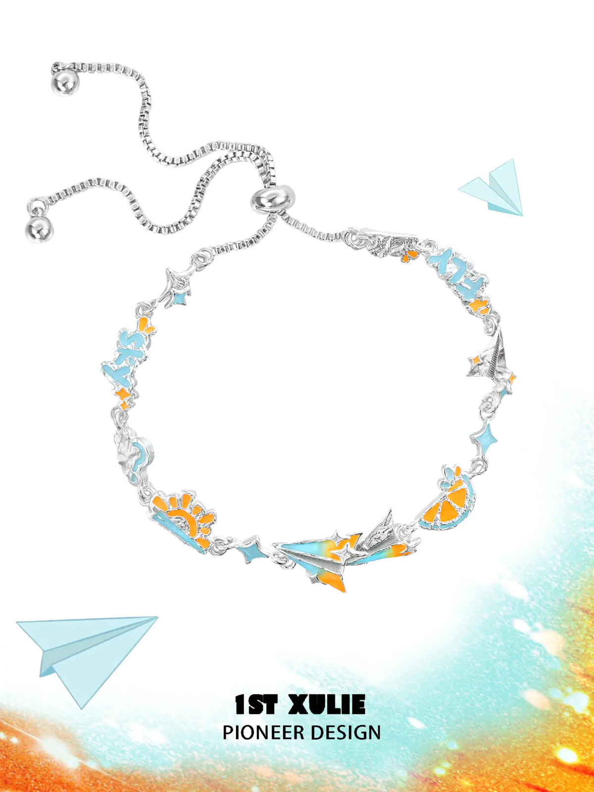 1ST XULIE Jewelry "Juicy Flight" Dainty Paper Airplane Enamel Charm Bracelet in Platinum Plated - Product View
