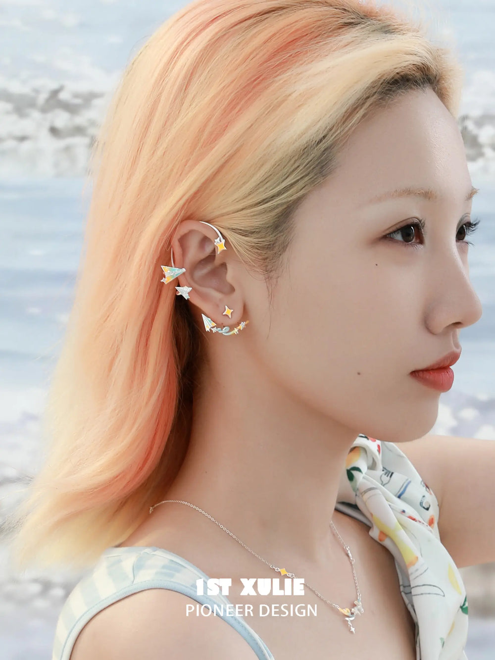 1ST XULIE Jewelry "Juicy Flight" Asymmetrical Paper Airplane No-Piercing Ear Wraps in Platinum Plated - Angle View