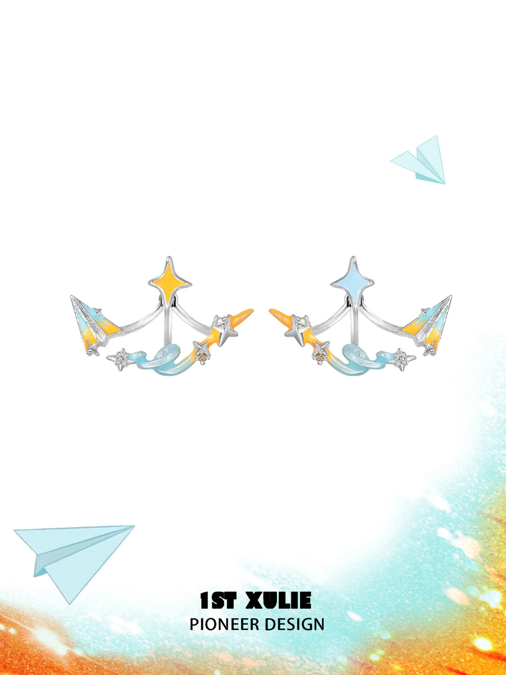 1ST XULIE "Juicy Flight" Asymmetrical Paper Airplane & Star Statement Stud Earrings in Platinum Plated - Product View