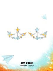 1ST XULIE "Juicy Flight" Asymmetrical Paper Airplane & Star Statement Stud Earrings in Platinum Plated - Product View