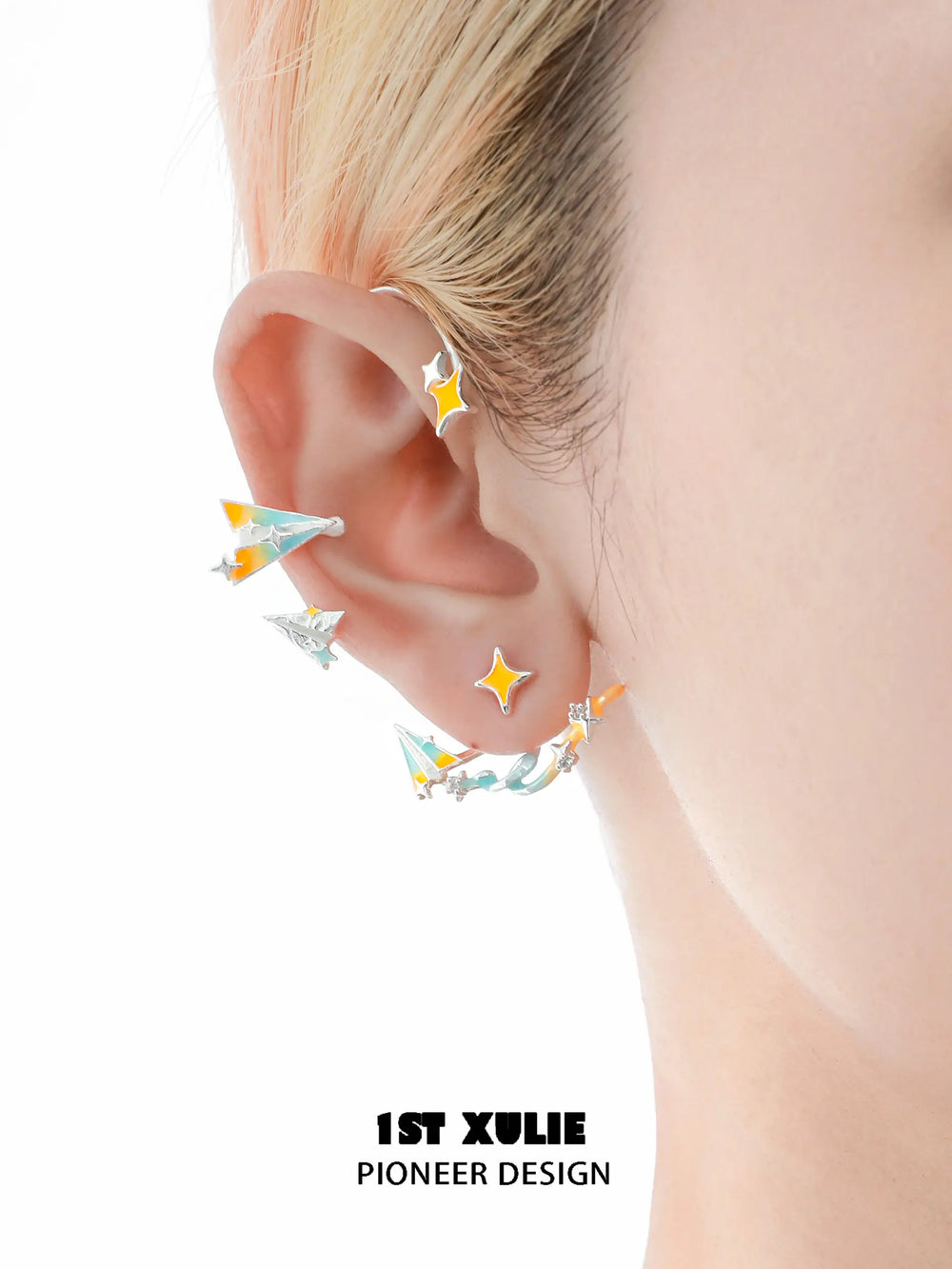 1ST XULIE "Juicy Flight" Asymmetrical Paper Airplane & Star Statement Stud Earrings in Platinum Plated - Side View