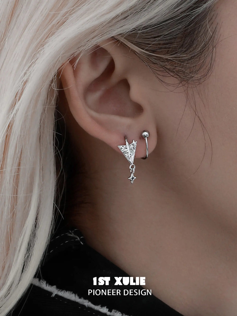 1ST XULIE Jewelry "Star Trails" Paper Airplane Star Stud Earrings in 925 Sterling Silver - Angle 1
