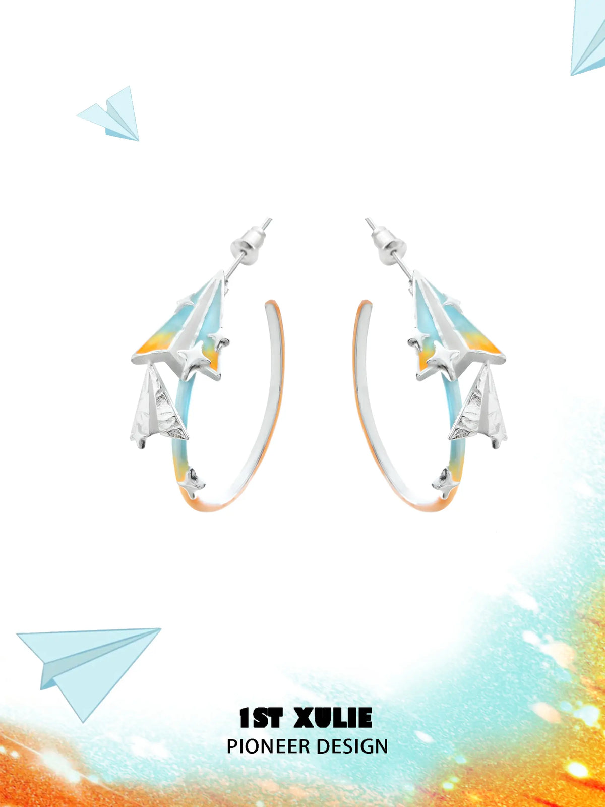 1ST XULIE "Juicy Flight" Paper Airplane Statement Charm Hoop Earrings in Platinum Plated - Product View