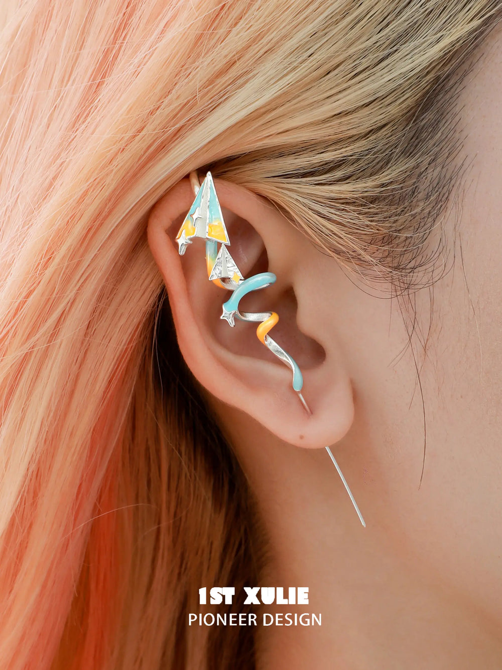 1ST XULIE "Juicy Flight" Paper Airplane Statement Ear Climbers in Platinum Plated - On Model