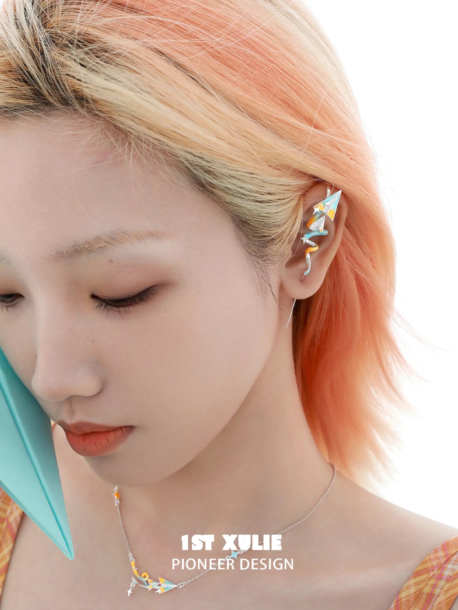 1ST XULIE "Juicy Flight" Paper Airplane Statement Ear Climbers in Platinum Plated - On Model Close-Up 1ST XULIE "Juicy Flight" Paper Airplane Statement Ear Climbers in Platinum Plated - On Model Close-Up