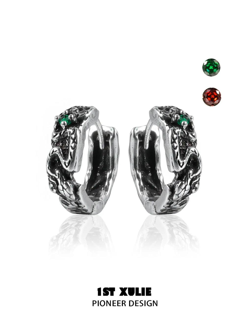 1ST XULIE "Snake Bite" Pave Serpent Huggie Hoop Earrings in Platinum Plated Brass - Product View