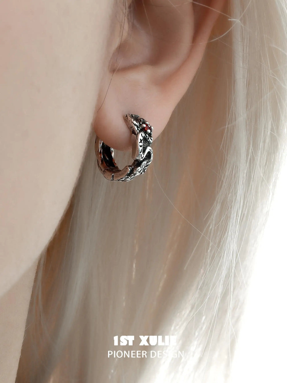 1ST XULIE "Snake Bite" Pave Serpent Huggie Hoop Earrings in Platinum Plated Brass - On Model Close-Up