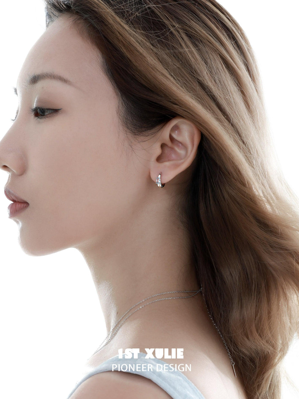 1ST XULIE "The Sea" Dainty Pave Wave Curved Bar Stud Earrings in 925 Sterling Silver - Side View