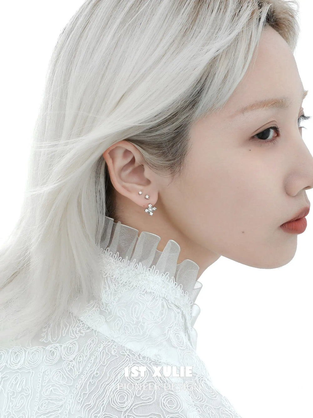 1ST XULIE "Tears of Mermaid" Pearl Drop Stud Earrings in 925 Sterling Silver - On Model Close-up