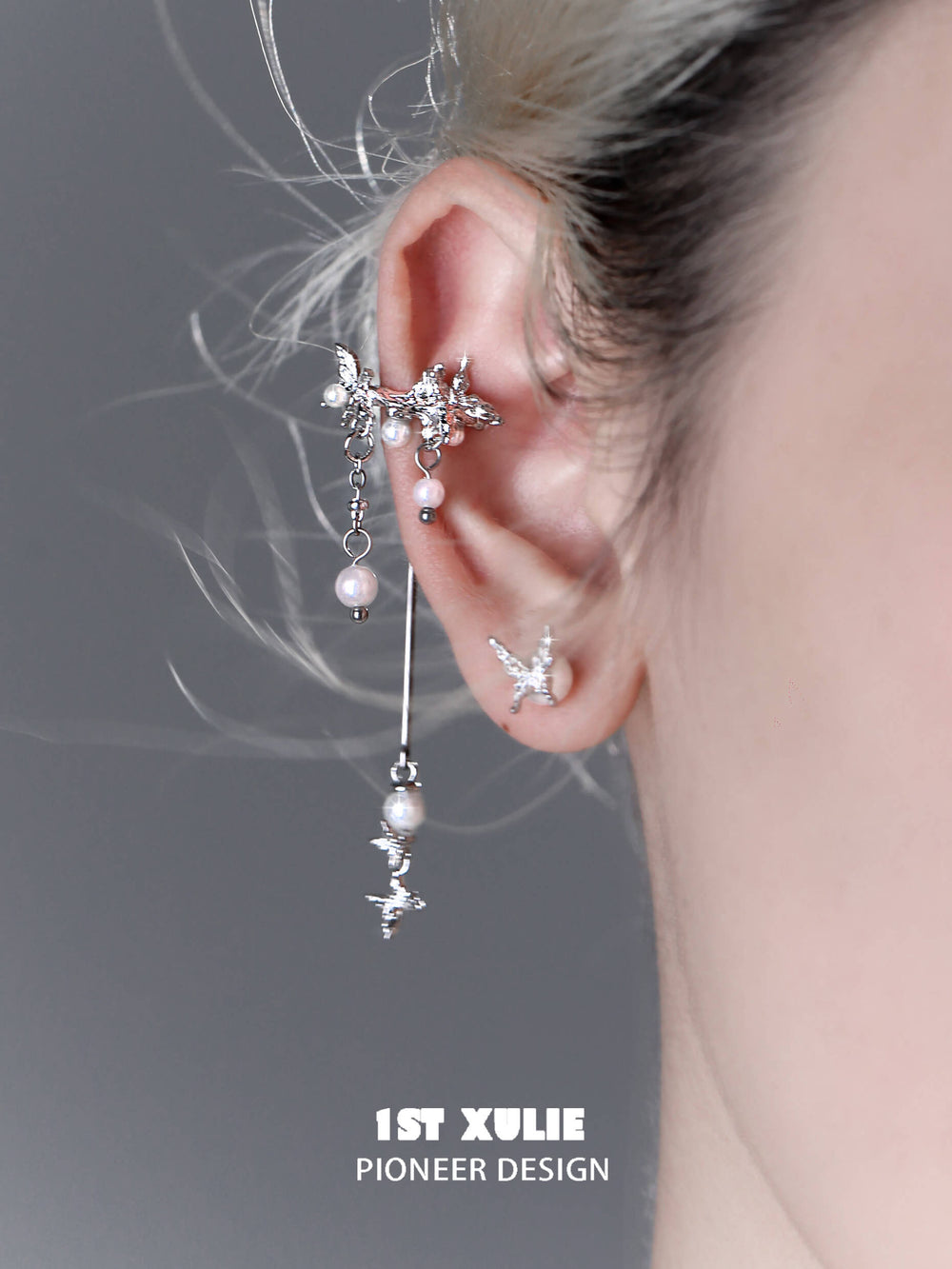 1ST XULIE "Whiterfly" Pearl Tassel Clip-On Dangle Earrings in Platinum Plated - Angled Product View