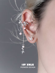 1ST XULIE "Whiterfly" Pearl Tassel Clip-On Dangle Earrings in Platinum Plated - Angled Product View