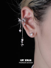 1ST XULIE "Whiterfly" Pearl Tassel Clip-On Dangle Earrings in Platinum Plated - Detail Shot