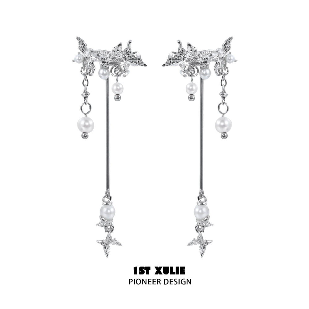 1ST XULIE "Whiterfly" Pearl Tassel Clip-On Dangle Earrings in Platinum Plated - Product View