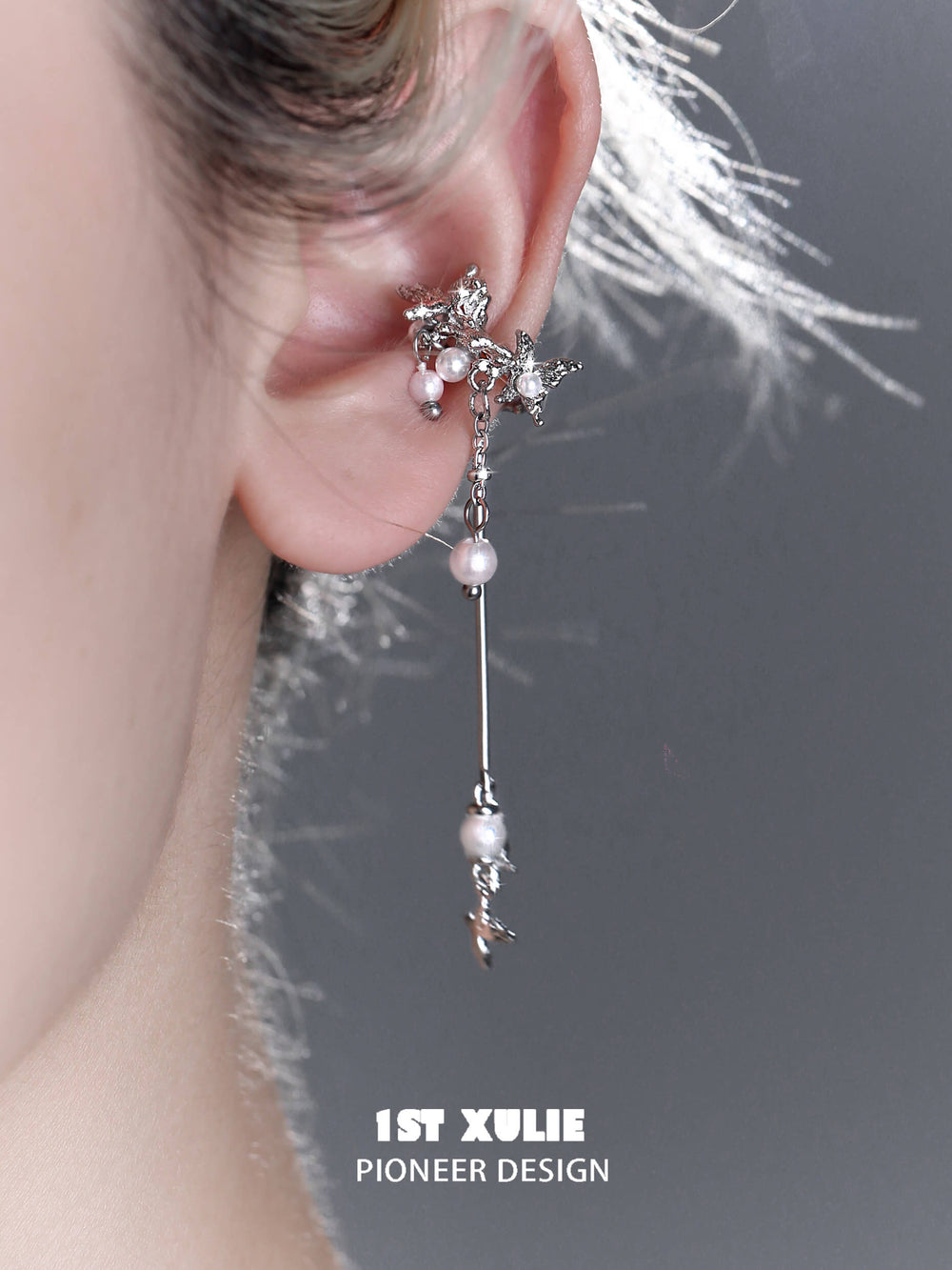 1ST XULIE "Whiterfly" Pearl Tassel Clip-On Dangle Earrings in Platinum Plated - On Model