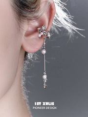 1ST XULIE "Whiterfly" Pearl Tassel Clip-On Dangle Earrings in Platinum Plated - On Model