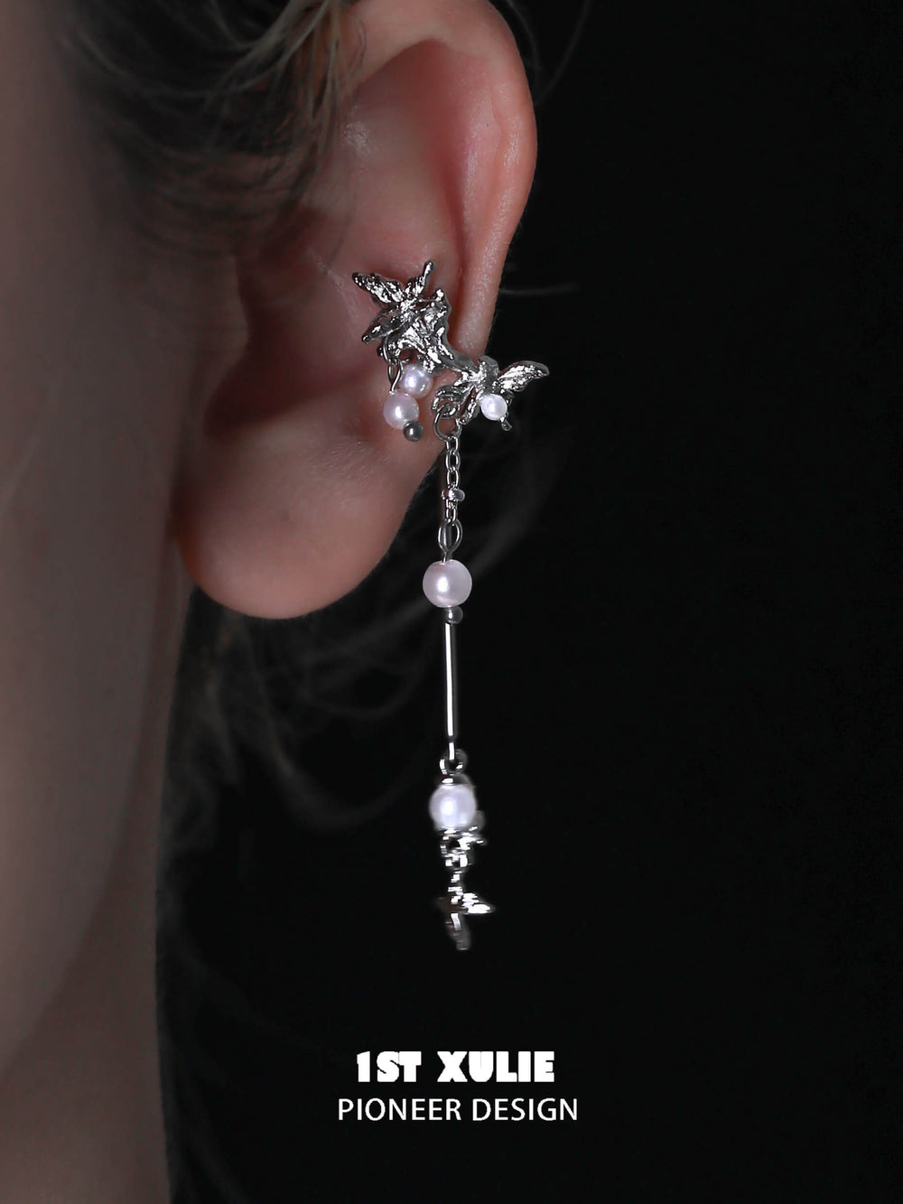 1ST XULIE "Whiterfly" Pearl Tassel Clip-On Dangle Earrings in Platinum Plated - Side View