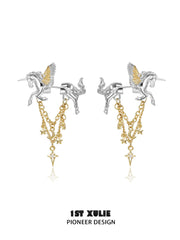 1ST XULIE "DREAM HORSE" Pegasus Tassel Stud Earrings in 18K Gold Plated Brass - Side View