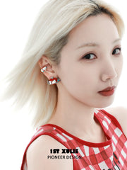 1ST XULIE "Cuties' Appleland" Playful Kitten & Puppy Statement Earrings in Platinum Plated Resin - On Model Style Shot