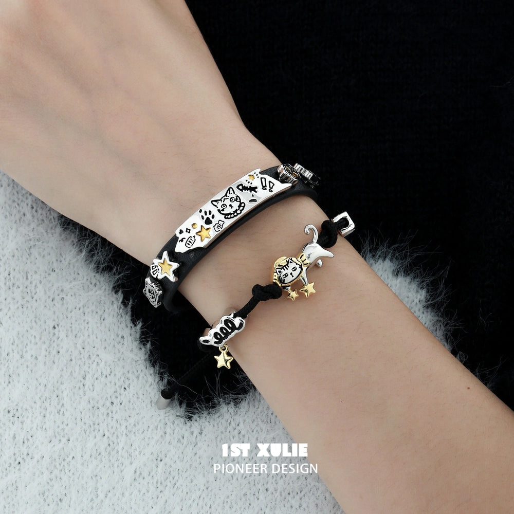 1ST XULIE "Graffiti Kitten" Playful Lazy Cat Leather Bracelet in Platinum Plated & Leather - Side View